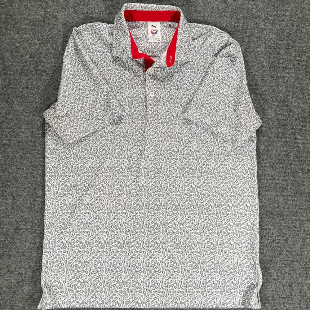 Puma Golf Volition America Mens Polo Shirt Medium White Blue Football Print